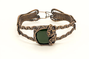 dark-green-fused-glass-copper-wire-wrapped-bracelet-nymph-in-the-woods-jewelry