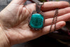 Copper Wire Wrapped Pendant with Stylized Flowers on Teal Fused Glass