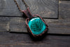 Copper Wire Wrapped Pendant with Stylized Flowers on Teal Fused Glass