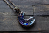 Blue and Purple Fused Glass Moon Pendant with Copper Wire Wrapping