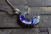 Blue and Purple Fused Glass Moon Pendant with Copper Wire Wrapping