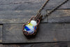 Streaked Blue, Yellow and White Fused Glass Pendant with Copper Wire Wrapping