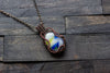 Streaked Blue, Yellow and White Fused Glass Pendant with Copper Wire Wrapping