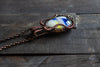 Streaked Blue, Yellow and White Fused Glass Pendant with Copper Wire Wrapping
