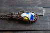 Streaked Blue, Yellow and White Fused Glass Pendant with Copper Wire Wrapping
