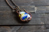 Streaked Blue, Yellow and White Fused Glass Pendant with Copper Wire Wrapping
