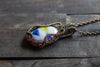 Streaked Blue, Yellow and White Fused Glass Pendant with Copper Wire Wrapping