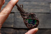 Copper pendant, double-sided, with green and purple fused glass