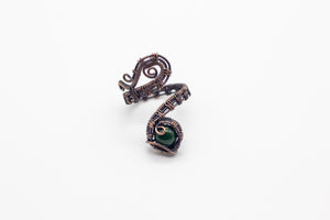 handmade copper wire wrapped adjustable ring with dark green fused glass accent