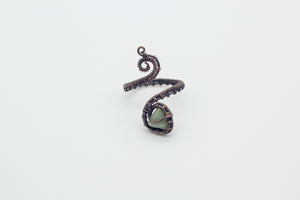 handmade copper wire wrapped adjustable ring with pale green fused glass accent