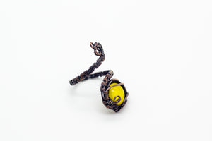 handmade copper wire wrapped adjustable ring with yellow fused glass accent