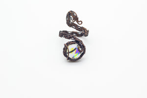 handmade copper wire wrapped adjustable ring with colorful transparent fused glass accent