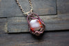 Red and White Fused Glass Pendant with Copper Wire Wrapping