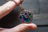 Multi-color Swirl Heart Fused Glass Pendant with Copper Wire Wrapping