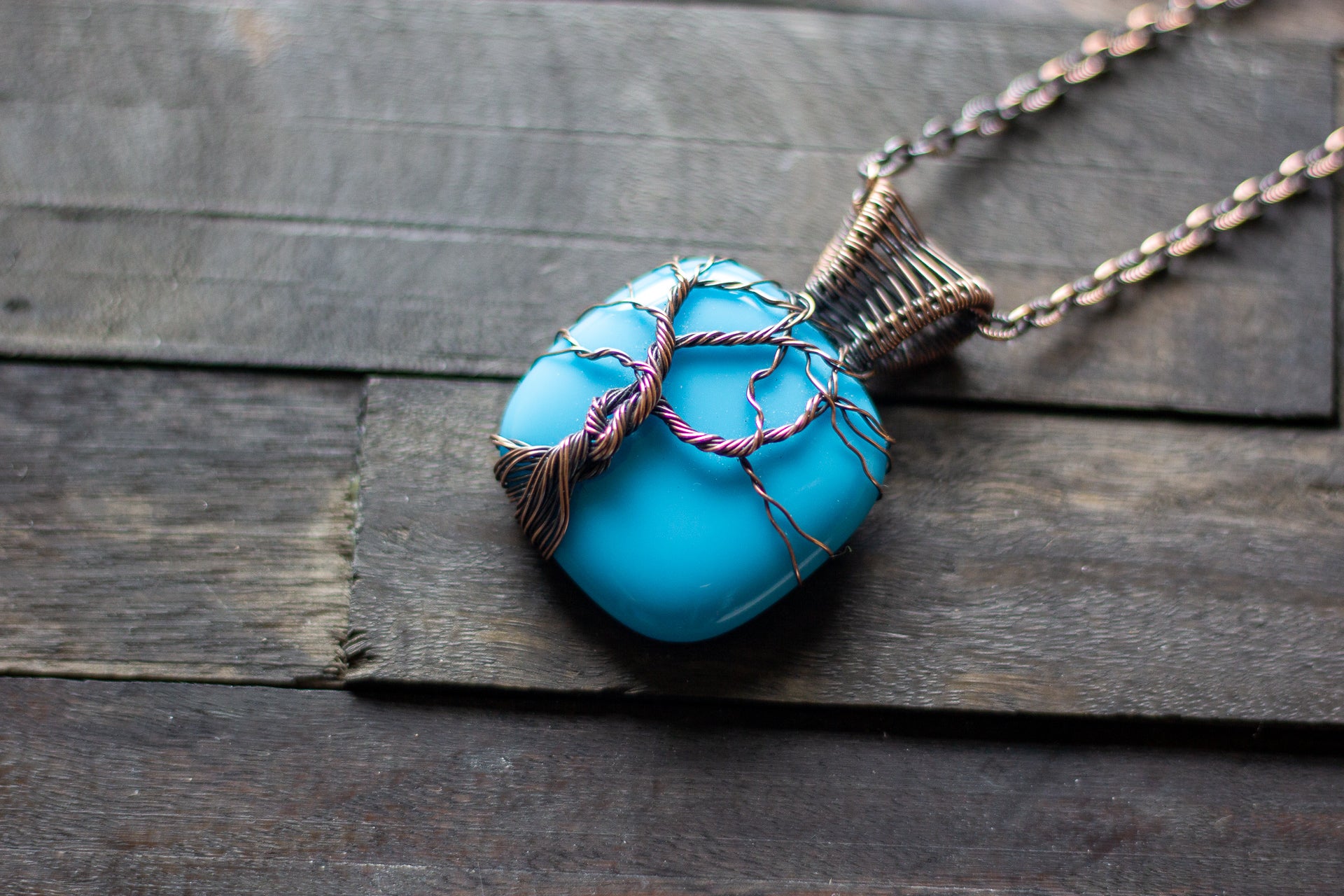 Bright Blue Fused Glass and Copper Wire Wrapped Tree of Life