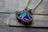 Streaks of Blue and Green Fused Glass Pendant with Copper Wire Wrapping