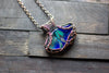 Streaks of Blue and Green Fused Glass Pendant with Copper Wire Wrapping