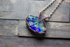 Streaks of Blue and Green Fused Glass Pendant with Copper Wire Wrapping