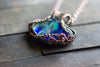 Streaks of Blue and Green Fused Glass Pendant with Copper Wire Wrapping