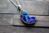 Blue and Green Fused Glass Crescent Moon Pendant with Sterling Silver Wire Wrapping