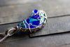 Blue and Green Fused Glass Crescent Moon Pendant with Sterling Silver Wire Wrapping