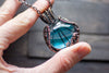 Streaked Blue Transparent Fused Glass Pendant with Copper Wire Wrapping
