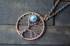 Glittery Light Blue Moon and Tree Pendant with Copper Wire Wrapping