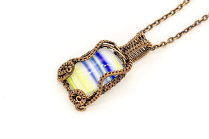 Yellow-blue-white-streaked-fused-glass-copper-wire-wrapped-pendant-nymph-in-the-woods