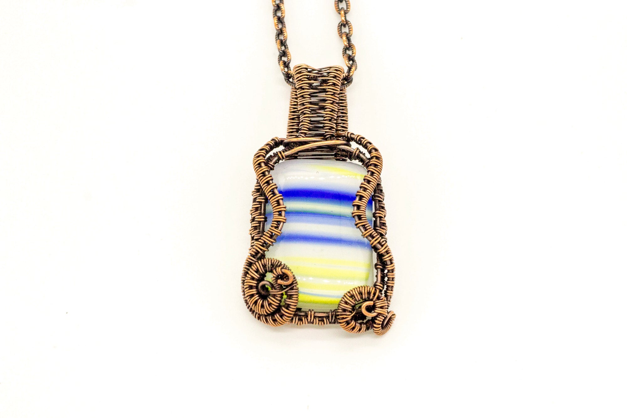Blue, White, and Yellow Fused Glass Pendant with Copper Wire Wrapping ...