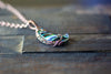 Streaks of Blue and Green Crescent Moon Pendant with Copper Wire Wrapping