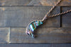 Streaks of Blue and Green Crescent Moon Pendant with Copper Wire Wrapping