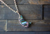 Streaks of Blue and Green Crescent Moon Pendant with Copper Wire Wrapping