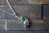 Streaks of Blue and Green Crescent Moon Pendant with Copper Wire Wrapping