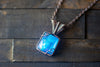 Blue and White Dichroic Fused Glass Pendant with Copper Wire Wrapping