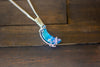 Dichroic Blue Fused Glass Crescent Moon Pendant with Sterling Silver Wire Wrapping
