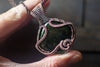 Dark Glittery Green Fused Glass Pendant with Copper Wire Wrapping