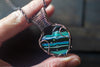 Streaked Blue and Green Heart Fused Glass Pendant with Copper Wire Wrapping