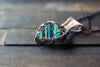Streaked Blue and Green Heart Fused Glass Pendant with Copper Wire Wrapping