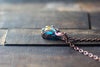 Dichroic Blue and Green Fused Glass Teardrop Pendant with Copper Wire Wrapping