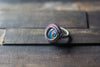 Sterling Silver Wire Wrapped Statement Ring with Streaked Blue and Green Fused Glass
