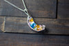Blue and Orange Fused Glass Crescent Moon Pendant with Sterling Silver Wire Wrapping