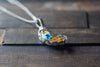 Blue and Orange Fused Glass Crescent Moon Pendant with Sterling Silver Wire Wrapping