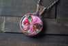 Flower In Bloom Pink and Green Fused Glass and Copper Wire Pendant