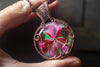 Flower In Bloom Pink and Green Fused Glass and Copper Wire Pendant