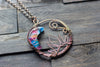 Blue and Pink Moon Pendant with Copper Wire Wrapping