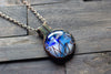 Flower In Bloom Blue and White Fused Glass and Copper Wire Pendant