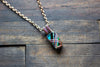 Striped Green and Blue Crisscross Copper Wire Wrapped Pendant