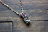 Striped Green and Blue Crisscross Copper Wire Wrapped Pendant