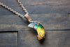 Yellow and Blue Fused Glass Moon Pendant with Copper Wire Wrapping