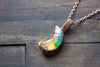 Yellow and Blue Fused Glass Moon Pendant with Copper Wire Wrapping